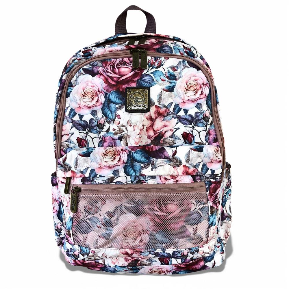 Cotton Road Backpack: PINK FLORAL Padded Canvas Backpack for 15'6" Laptop on white backing