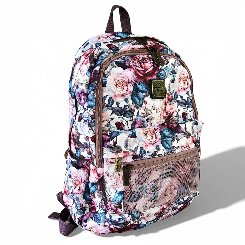 Cotton Road Backpack: PINK FLORAL Padded Canvas Backpack for 15'6" Laptop on white