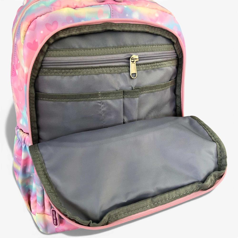 Cotton Road Backpack: PINK MULTIcolor Canvas Backpack with HEARTS