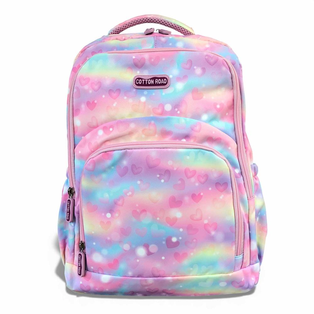 Cotton Road Backpack: PINK MULTIcolor Canvas Backpack with HEARTS