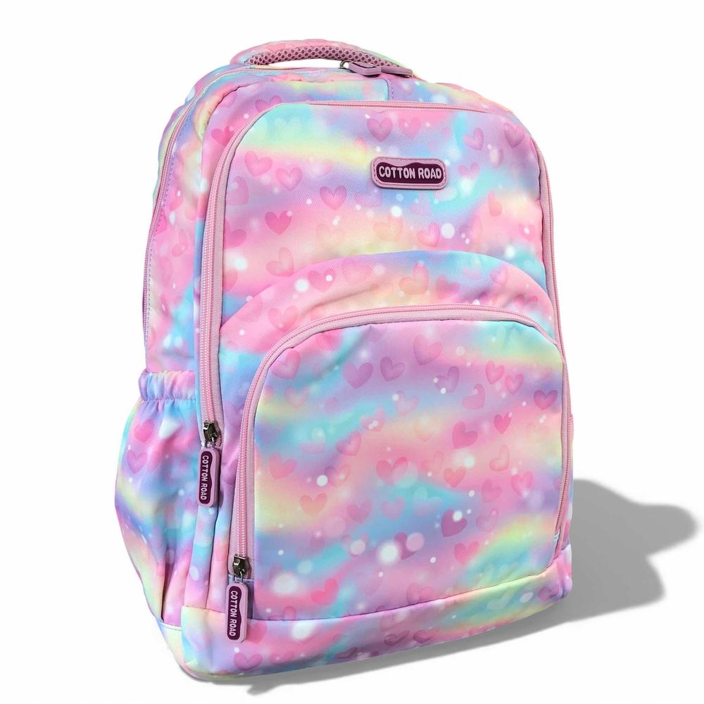 Cotton Road Backpack: PINK MULTIcolor Canvas Backpack with HEARTS