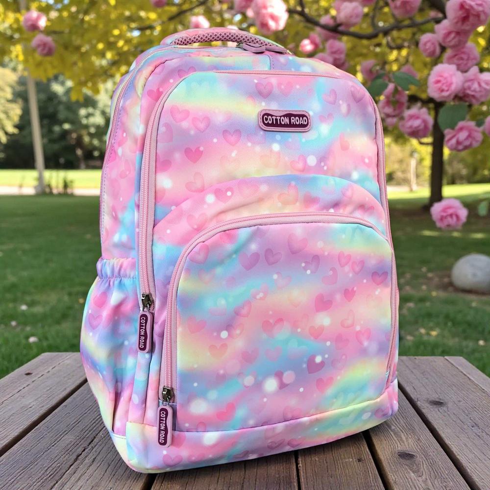 Cotton Road Backpack: PINK MULTIcolor Canvas Backpack with HEARTS