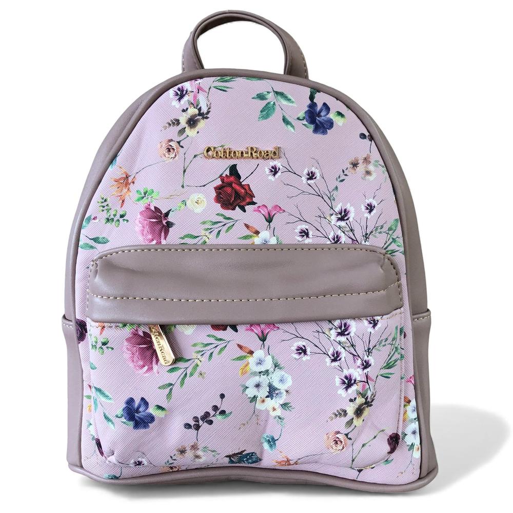 Cotton Road Backpack: PINK PU Leather Mini Backpack with FLORAL Panel