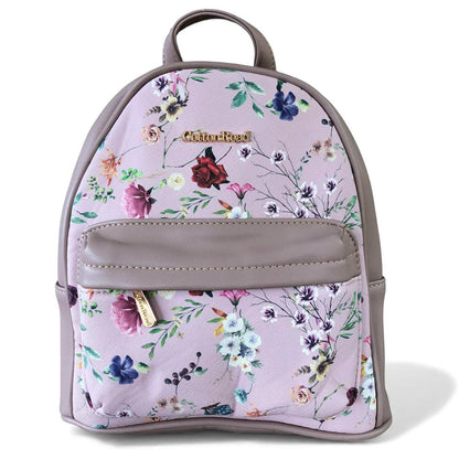 Cotton Road Backpack: PINK PU Leather Mini Backpack with FLORAL Panel