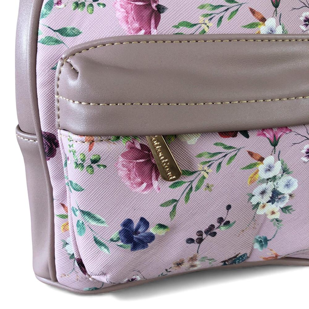 Cotton Road Backpack: PINK PU Leather Mini Backpack with FLORAL Panel