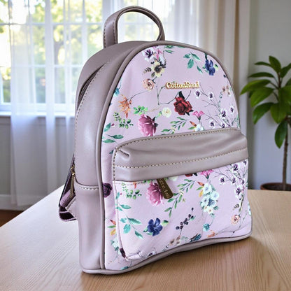 Cotton Road Backpack: PINK PU Leather Mini Backpack with FLORAL Panel