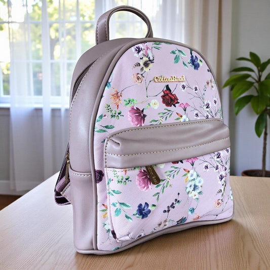 Cotton Road Backpack: PINK PU Leather Mini Backpack with FLORAL Panel