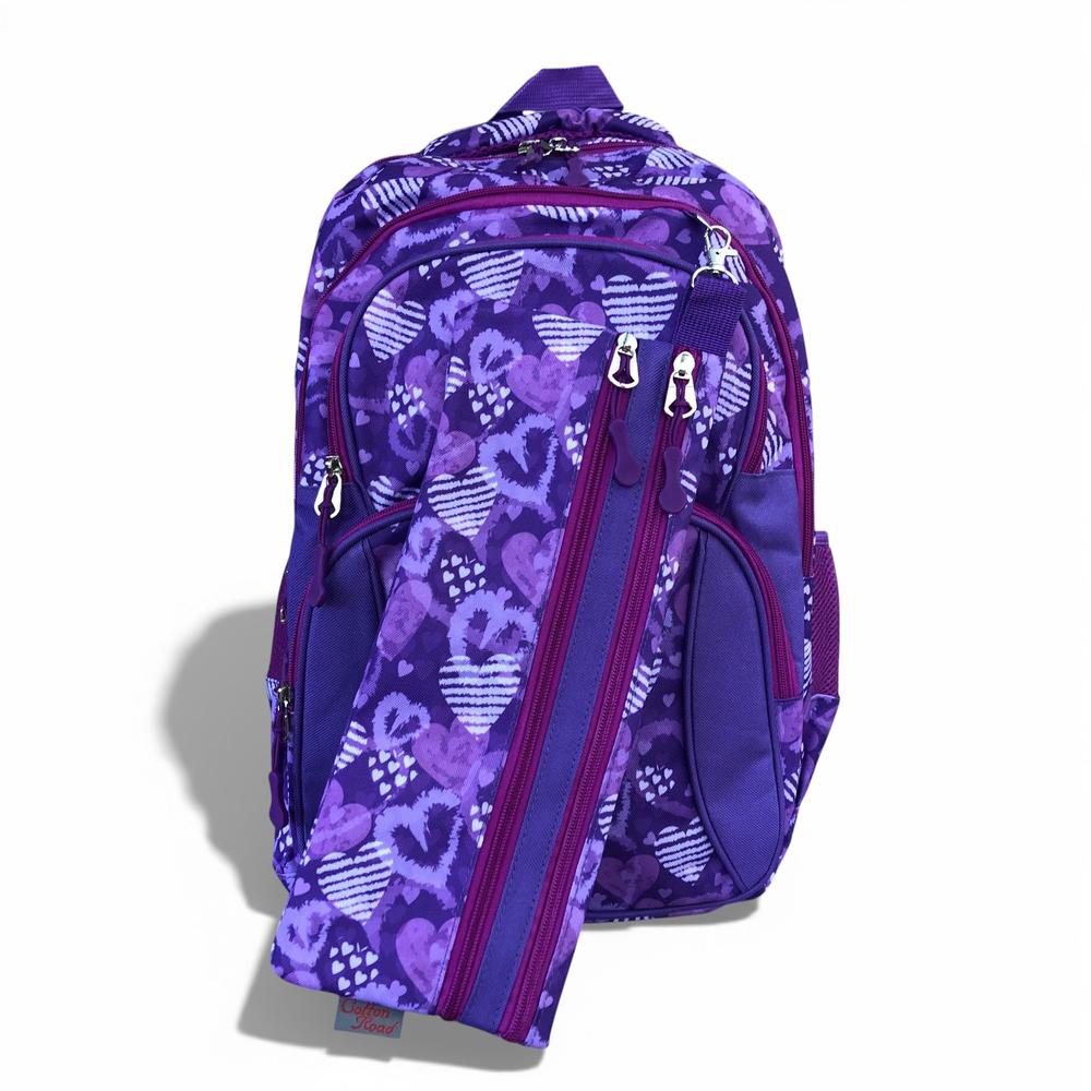 Cotton Road Backpack: PURPLE Canvas Backpack with HEARTS and matching PENCIL CASE BOTH