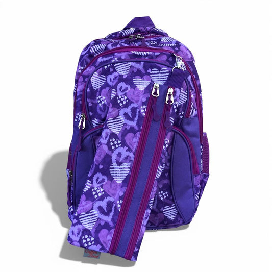 Cotton Road Backpack: PURPLE Canvas Backpack with HEARTS and matching PENCIL CASE BOTH