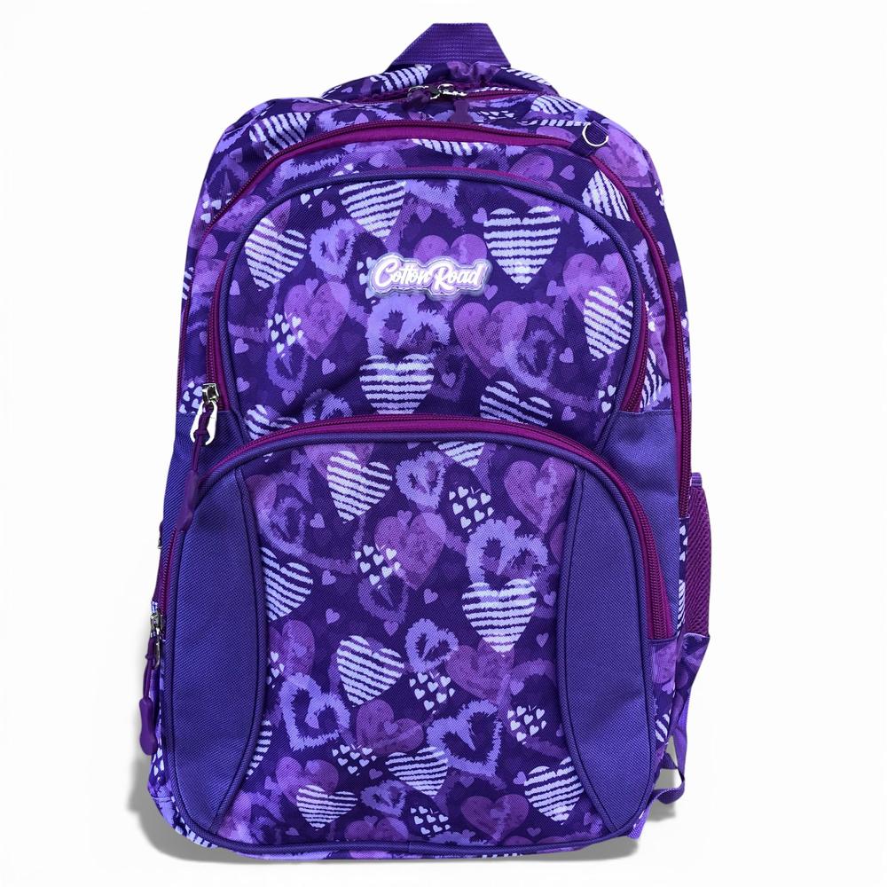 Cotton Road Backpack: PURPLE Canvas Backpack with HEARTS and matching PENCIL CASE FRONT VIEW