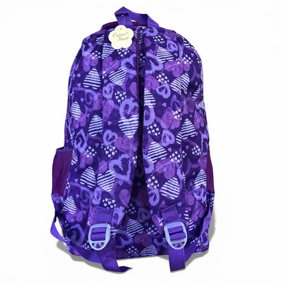 Cotton Road Backpack: PURPLE Canvas Backpack with HEARTS and matching PENCIL CASE REAR