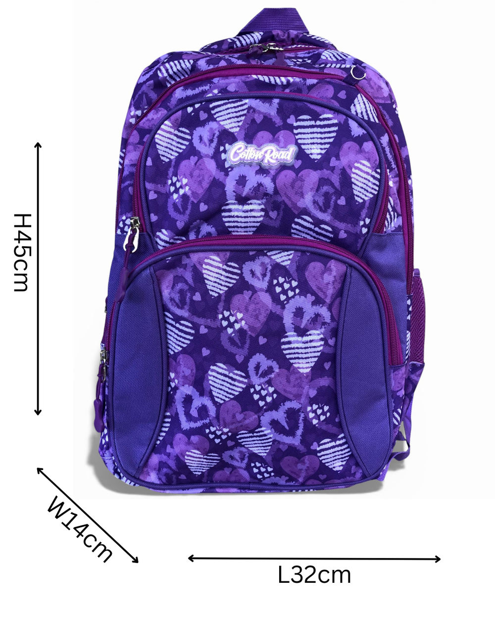 Cotton Road Backpack: PURPLE Canvas Backpack with HEARTS and matching PENCIL CASE SIZED
