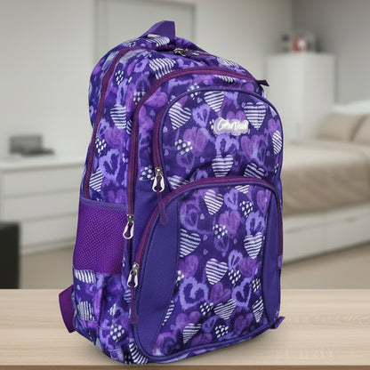 Cotton Road Backpack: PURPLE Canvas Backpack with HEARTS and matching PENCIL CASE IN GARDEN