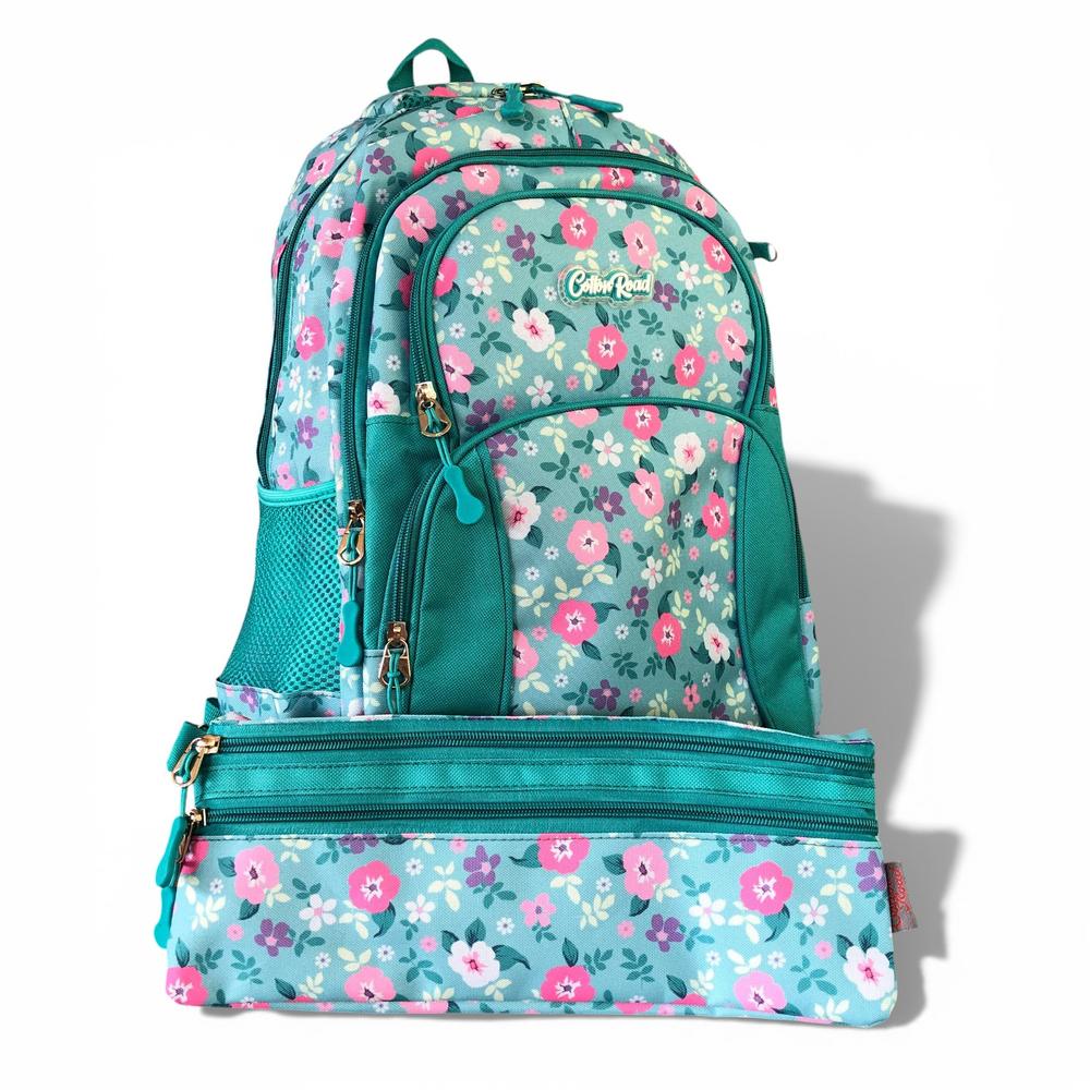 Cotton Road Backpack: TURQUOISE FLORAL Canvas Backpack and matching PENCIL CASE