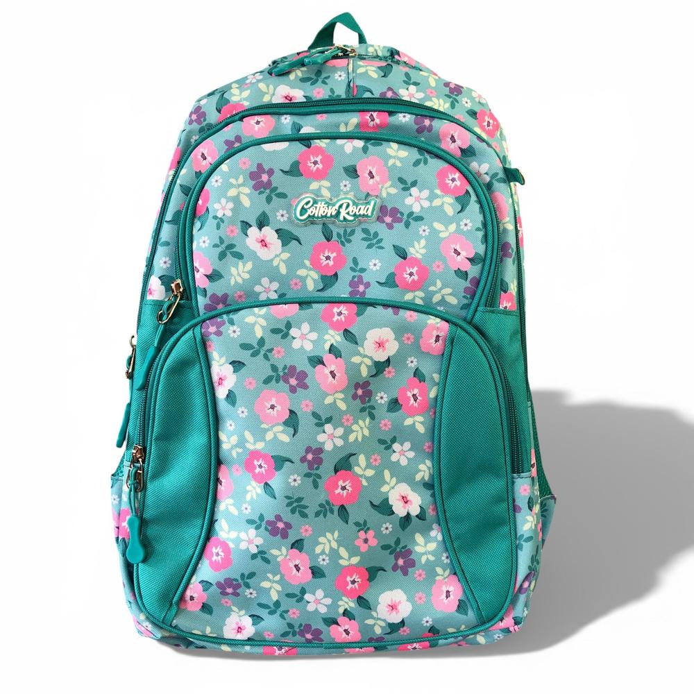 Cotton Road Backpack: TURQUOISE FLORAL Canvas Backpack and matching PENCIL CASE FRONT