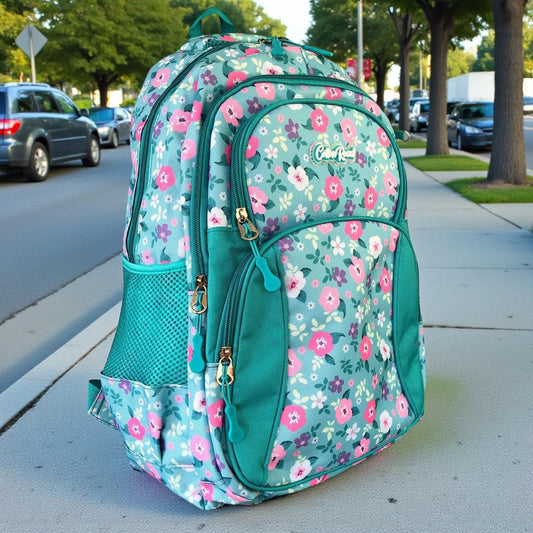Cotton Road Backpack: TURQUOISE FLORAL Canvas Backpack and matching PENCIL CASE