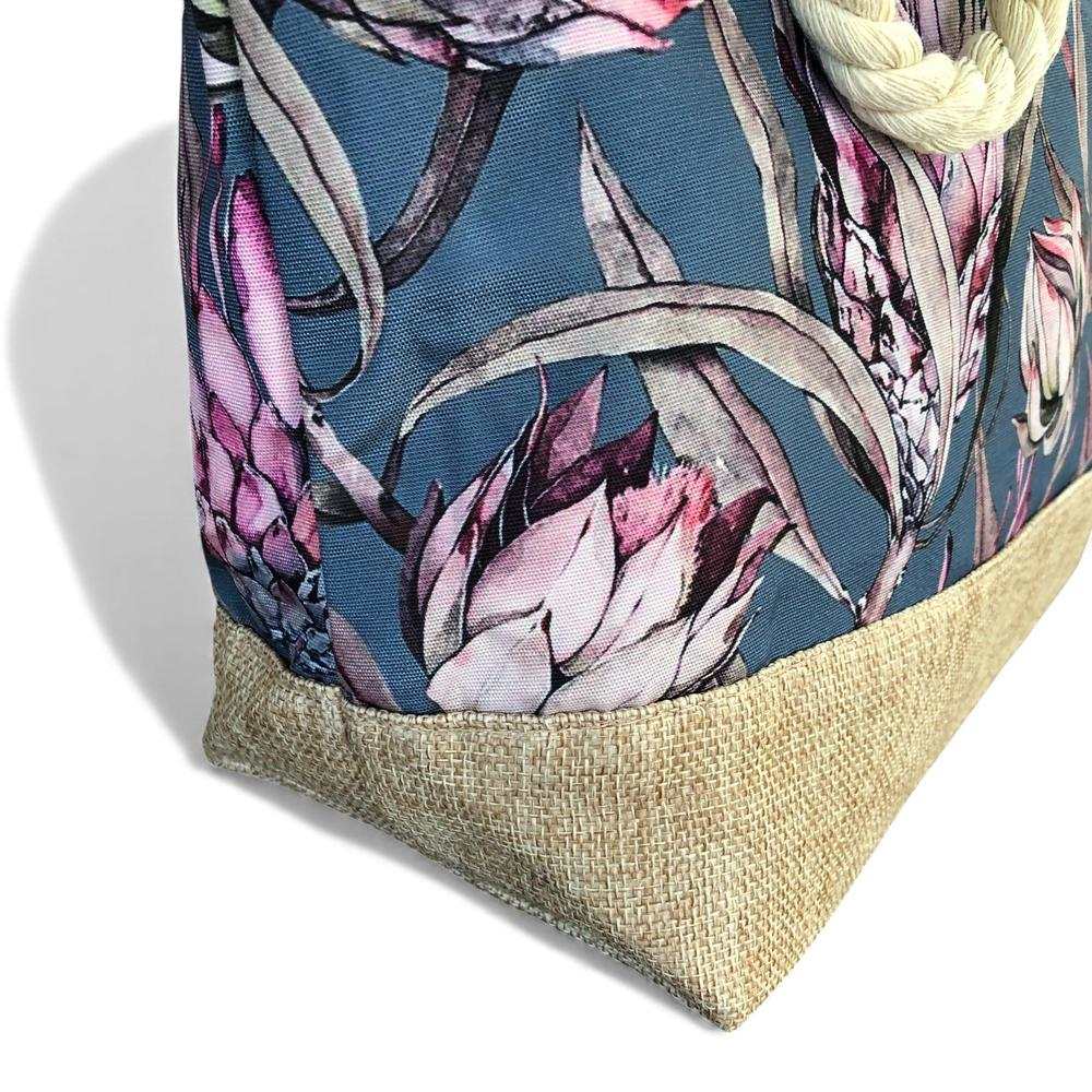 Cotton Road Beach Bag: BLUE Canvas PROTEA Print Bag with HESSIAN detailing corner