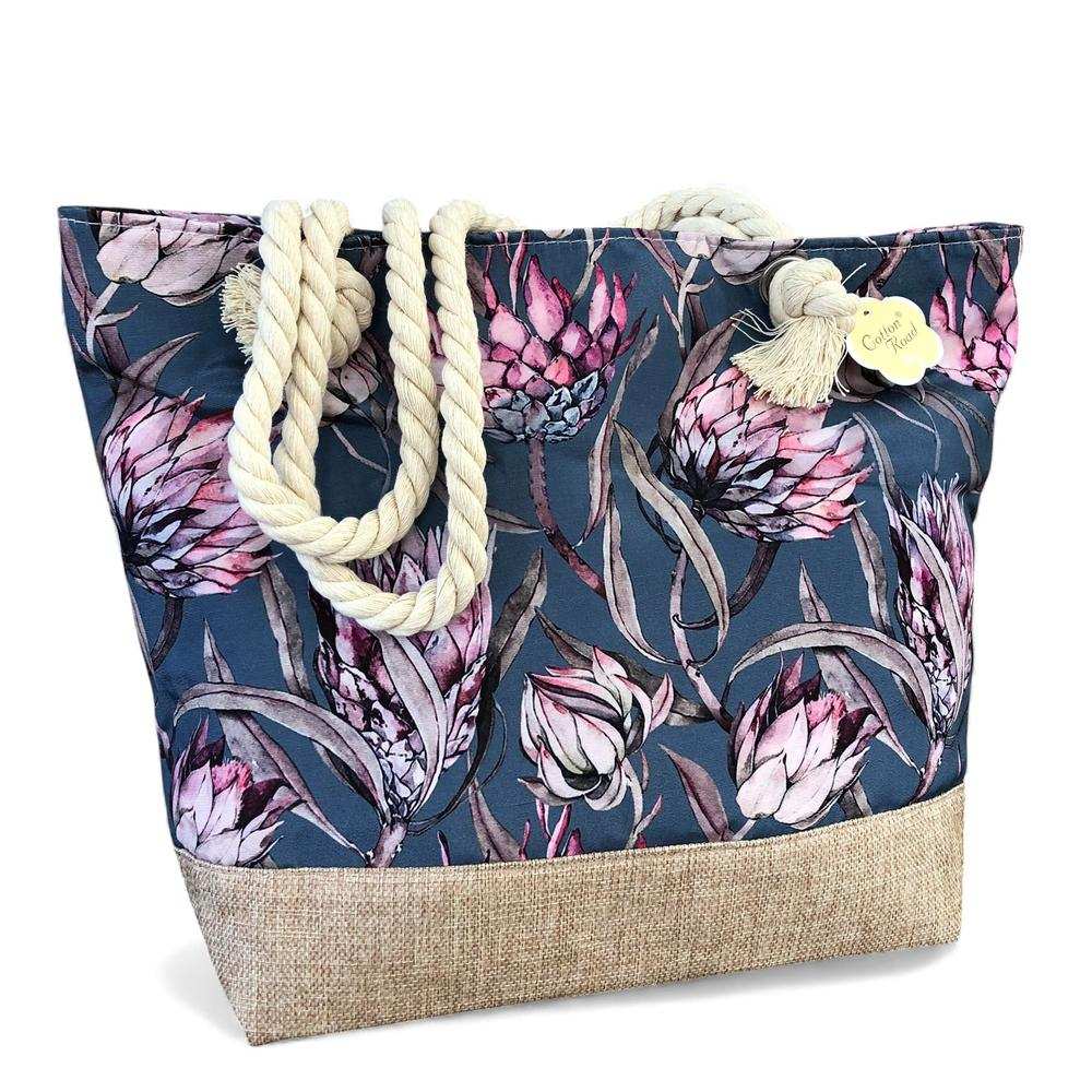 Cotton Road Beach Bag: BLUE Canvas PROTEA Print Bag with HESSIAN detailing full