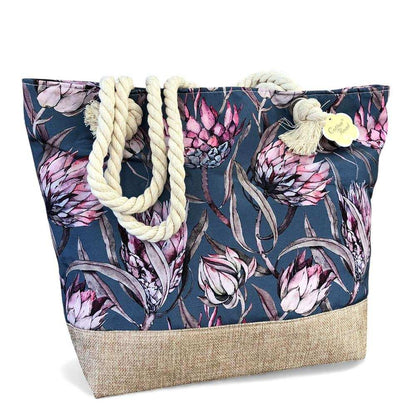 Cotton Road Beach Bag: BLUE Canvas PROTEA Print Bag with HESSIAN detailing full