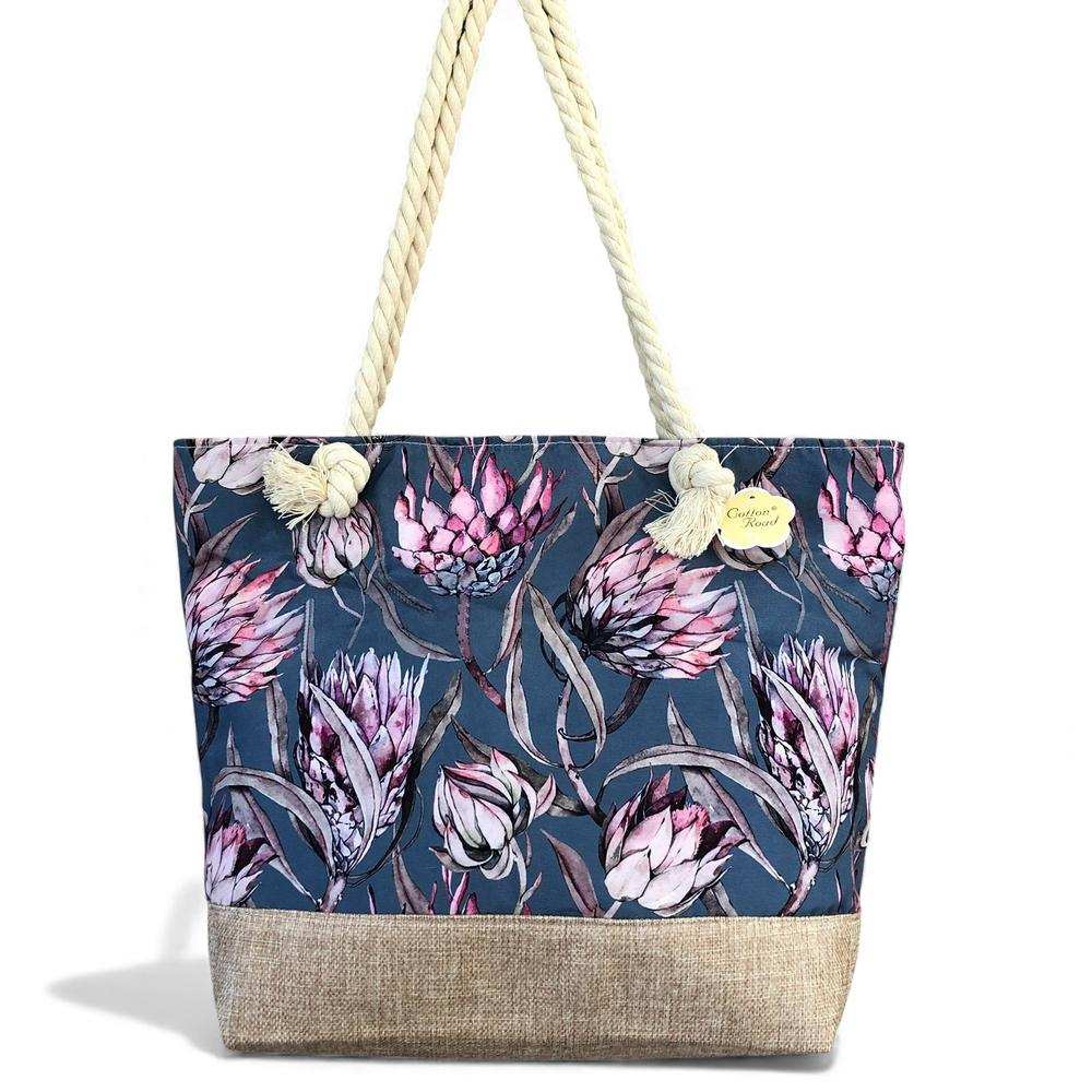 Cotton Road Beach Bag: BLUE Canvas PROTEA Print Bag with HESSIAN detailing on white