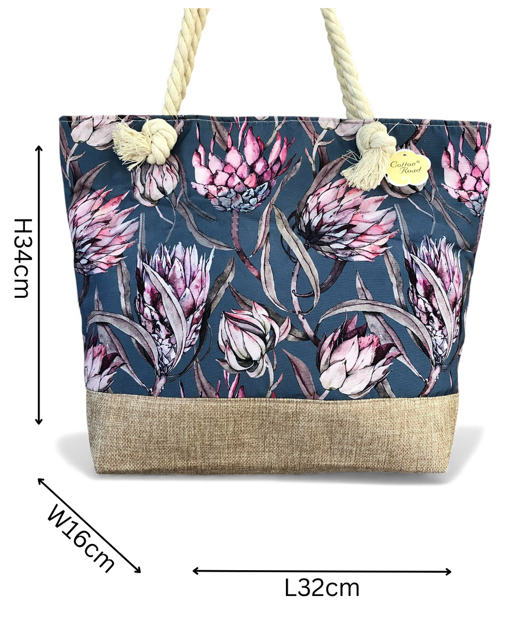 Cotton Road Beach Bag: BLUE Canvas PROTEA Print Bag with HESSIAN detailing sized