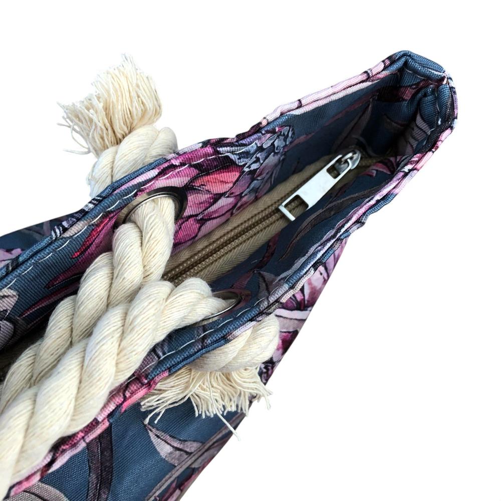 Cotton Road Beach Bag: BLUE Canvas PROTEA Print Bag with HESSIAN detailing top zipper