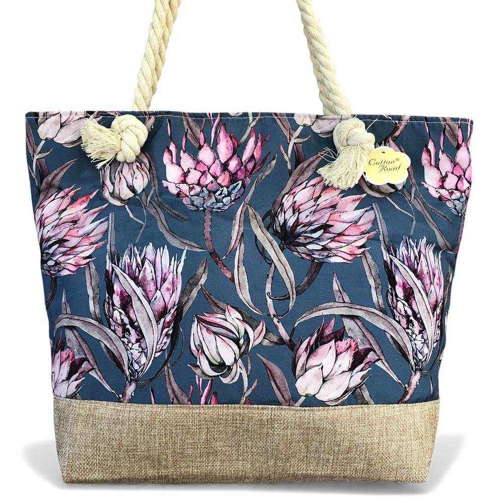 Cotton Road Beach Bag: BLUE Canvas PROTEA Print Bag with HESSIAN detailing zoomed