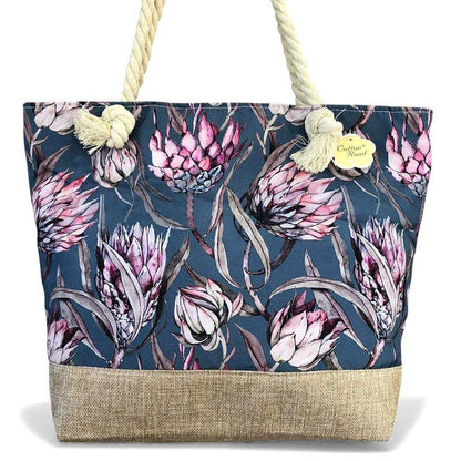 Cotton Road Beach Bag: BLUE Canvas PROTEA Print Bag with HESSIAN detailing zoomed