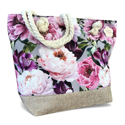 Cotton Road Beach Bag: Canvas FLORAL Bag with HESSIAN detailing. Size: L32cm x W16cm x H34cm