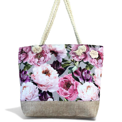 Cotton Road Beach Bag: Canvas FLORAL Bag with HESSIAN detailing. Size: L32cm x W16cm x H34cm