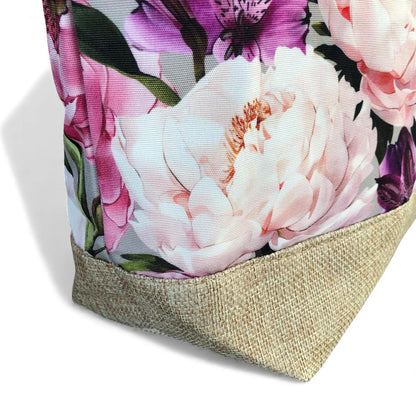 Cotton Road Beach Bag: Canvas FLORAL Bag with HESSIAN detailing. Size: L32cm x W16cm x H34cm