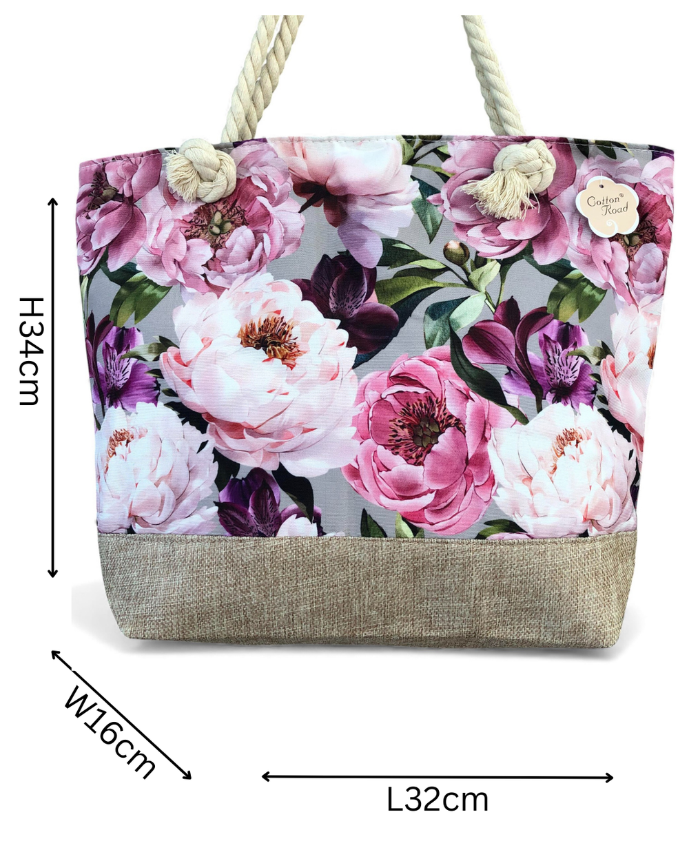 Cotton Road Beach Bag: Canvas FLORAL Bag with HESSIAN detailing. Size: L32cm x W16cm x H34cm