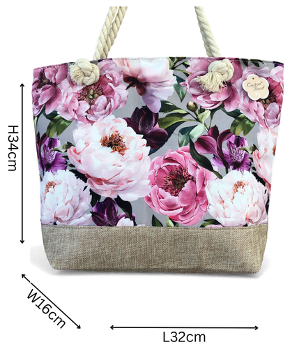 Cotton Road Beach Bag: Canvas FLORAL Bag with HESSIAN detailing. Size: L32cm x W16cm x H34cm