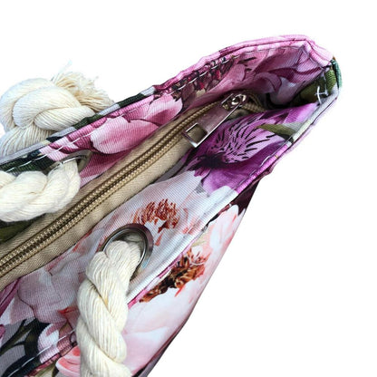 Cotton Road Beach Bag: Canvas FLORAL Bag with HESSIAN detailing. One exterior zip compartment