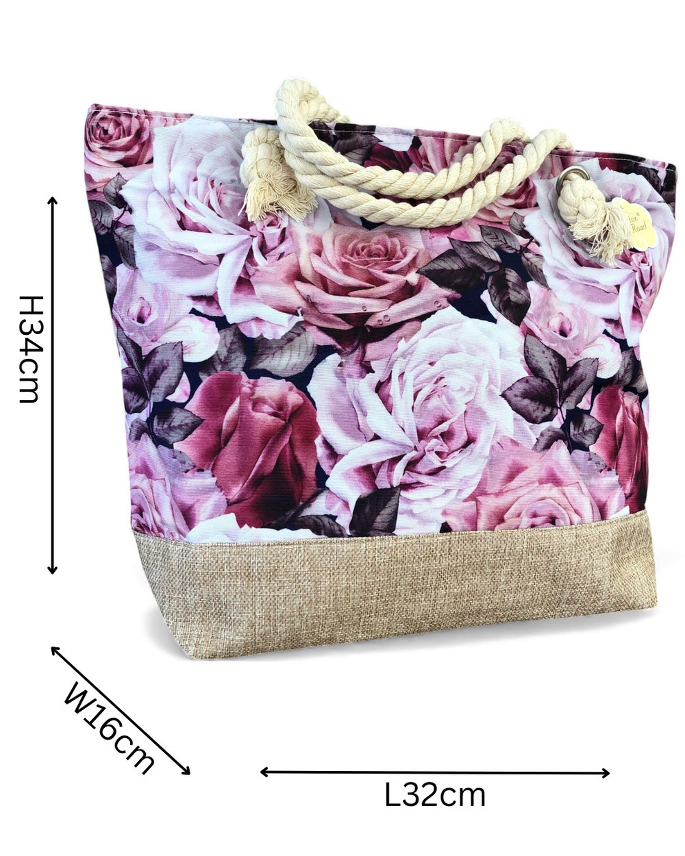 Cotton Road Beach Bag: Canvas ROSE Print Bag with HESSIAN detailing