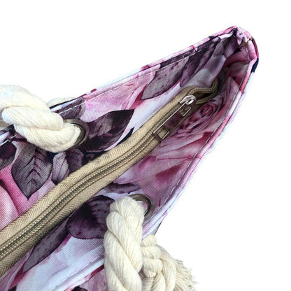Cotton Road Beach Bag: Canvas ROSE Print Bag with HESSIAN detailing