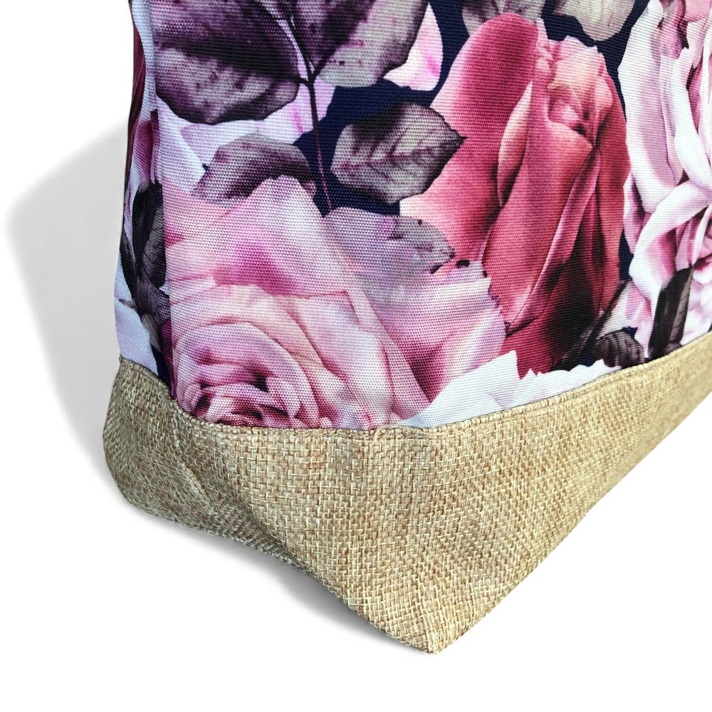 Cotton Road Beach Bag: Canvas ROSE Print Bag with HESSIAN detailing