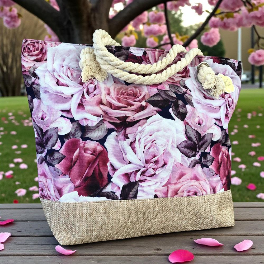 Cotton Road Beach Bag: Canvas ROSE Print Bag with HESSIAN detailing