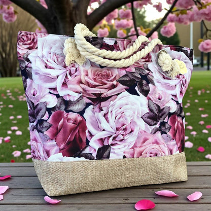 Cotton Road Beach Bag: Canvas ROSE Print Bag with HESSIAN detailing