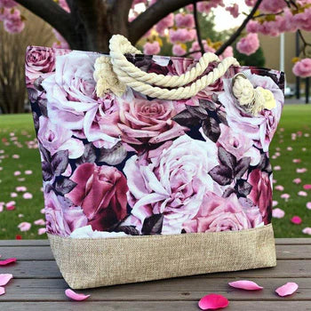 Cotton Road Beach Bag: ROSE PRINT Canvas Tote with Hessian Detailing