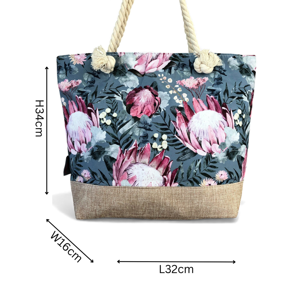 Cotton Road Beach Bag: GREEN Canvas PROTEA Bag with HESSIAN detailing