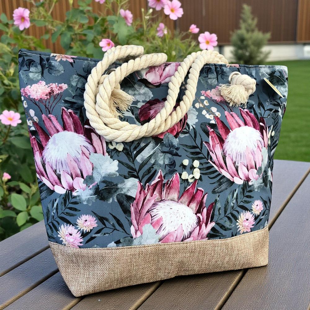 Cotton Road Beach Bag: GREEN Canvas PROTEA Bag with HESSIAN detailing
