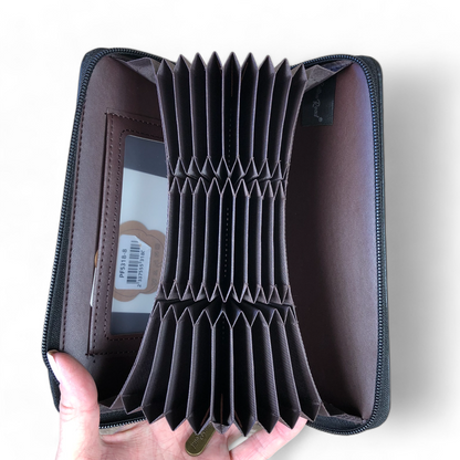 Large black Cotton Road PU leather card holder with 27 card slots and zip compartment