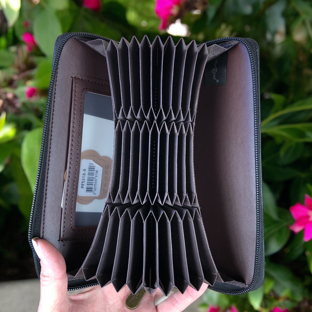 Large black Cotton Road PU leather card holder with 27 slots and zip compartment