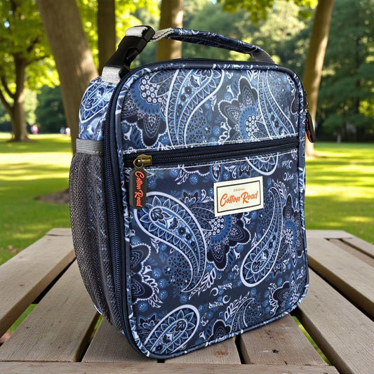 Cotton Road Cooler: BLUE PAISLEY PVC Lunch Box Cooler Bag outside view