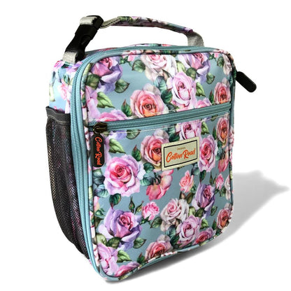 Cotton Road Cooler: BLUE PVC Cotton Road Lunch Box Cooler Bag with ROSES front view