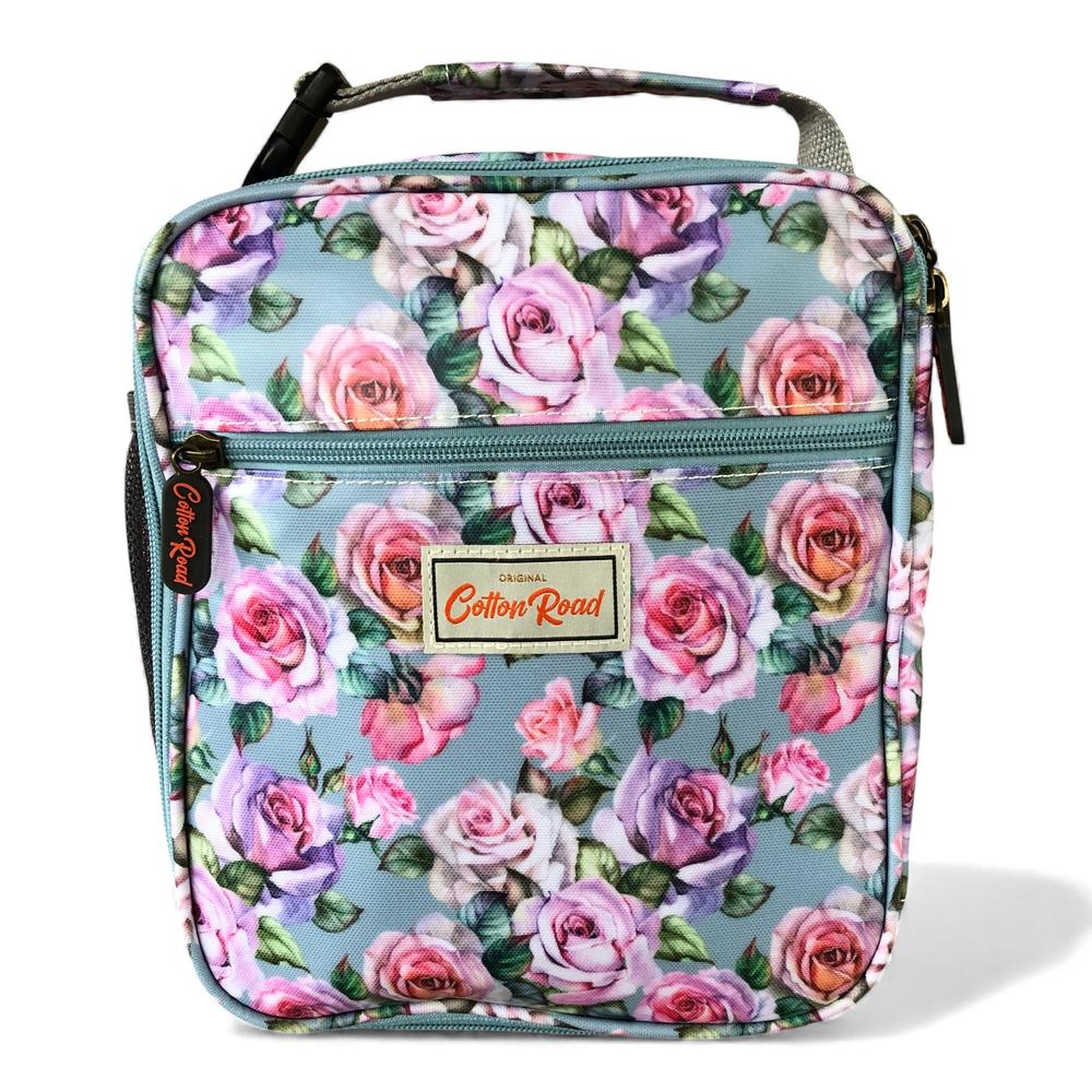 Cotton Road Cooler: BLUE PVC Cotton Road Lunch Box Cooler Bag with ROSES near view