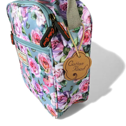 Cotton Road Cooler: BLUE PVC Cotton Road Lunch Box Cooler Bag with ROSES on white ackground