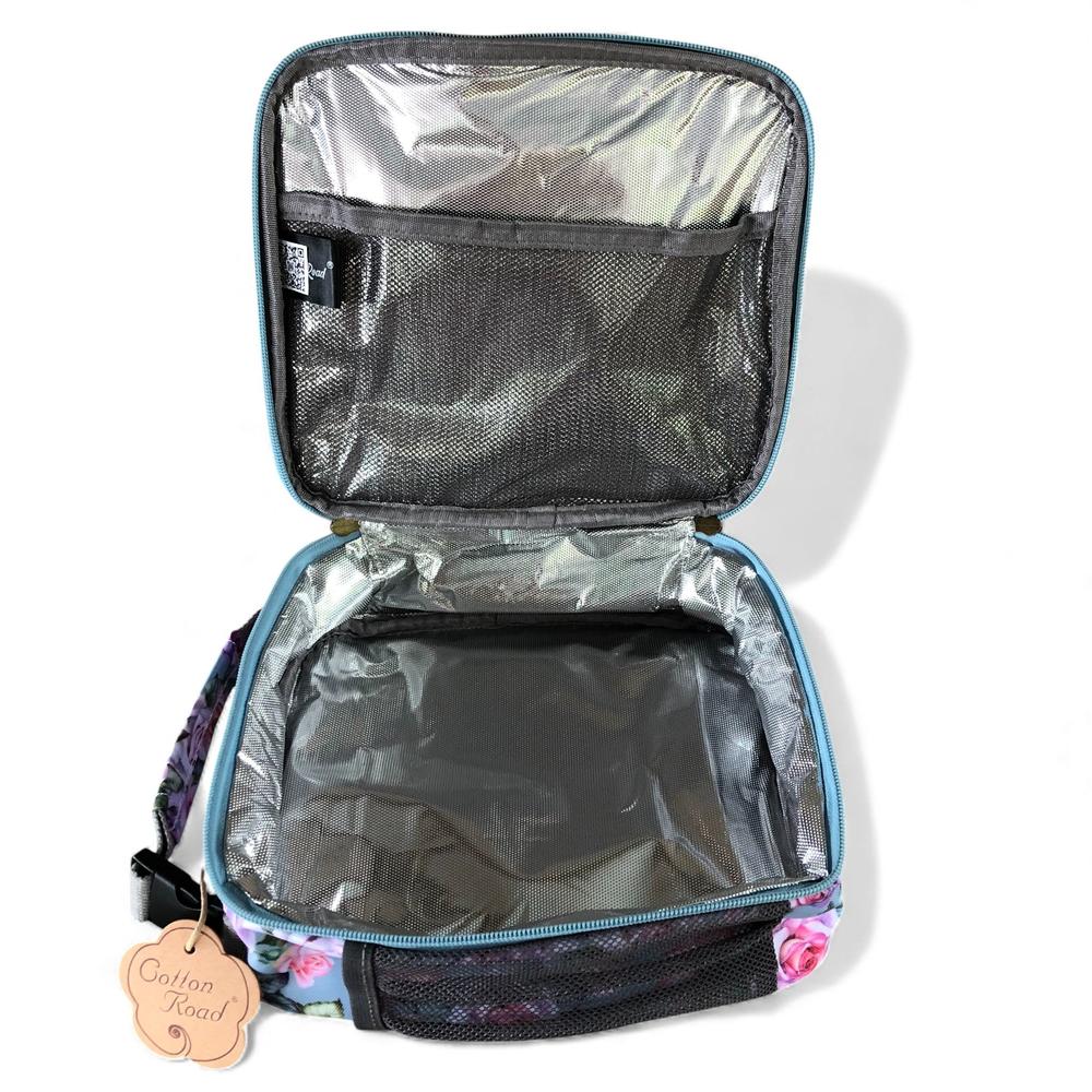 Cotton Road Cooler: BLUE PVC Cotton Road Lunch Box Cooler Bag with ROSES open