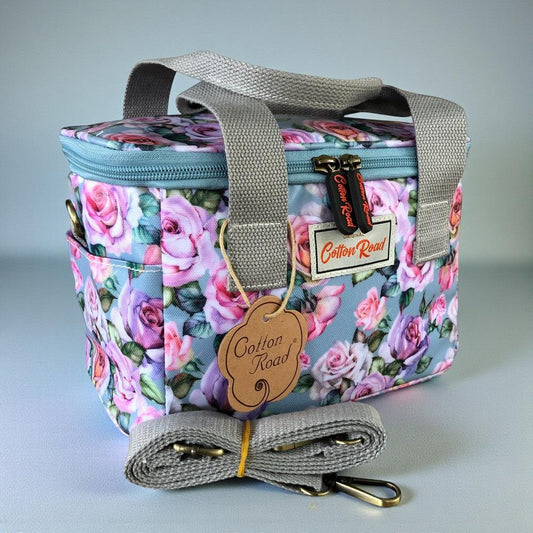 Cotton Road Cooler: BLUE PVC Cotton Road Lunch Box Cooler Bag with ROSES